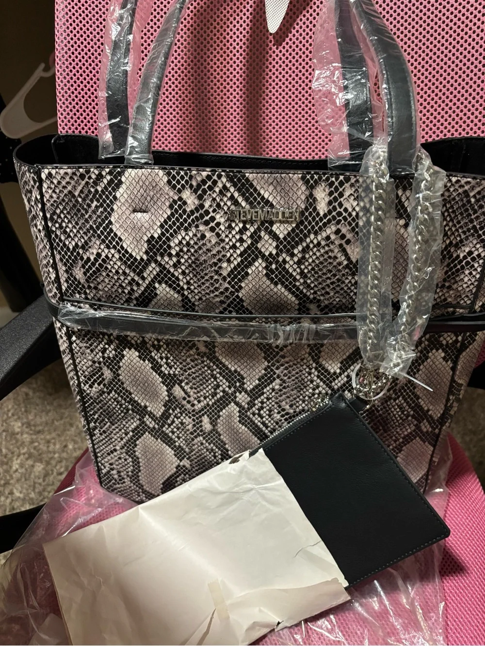 Steve Madden Snake-Print Tote with Black Pouch & Cardholder